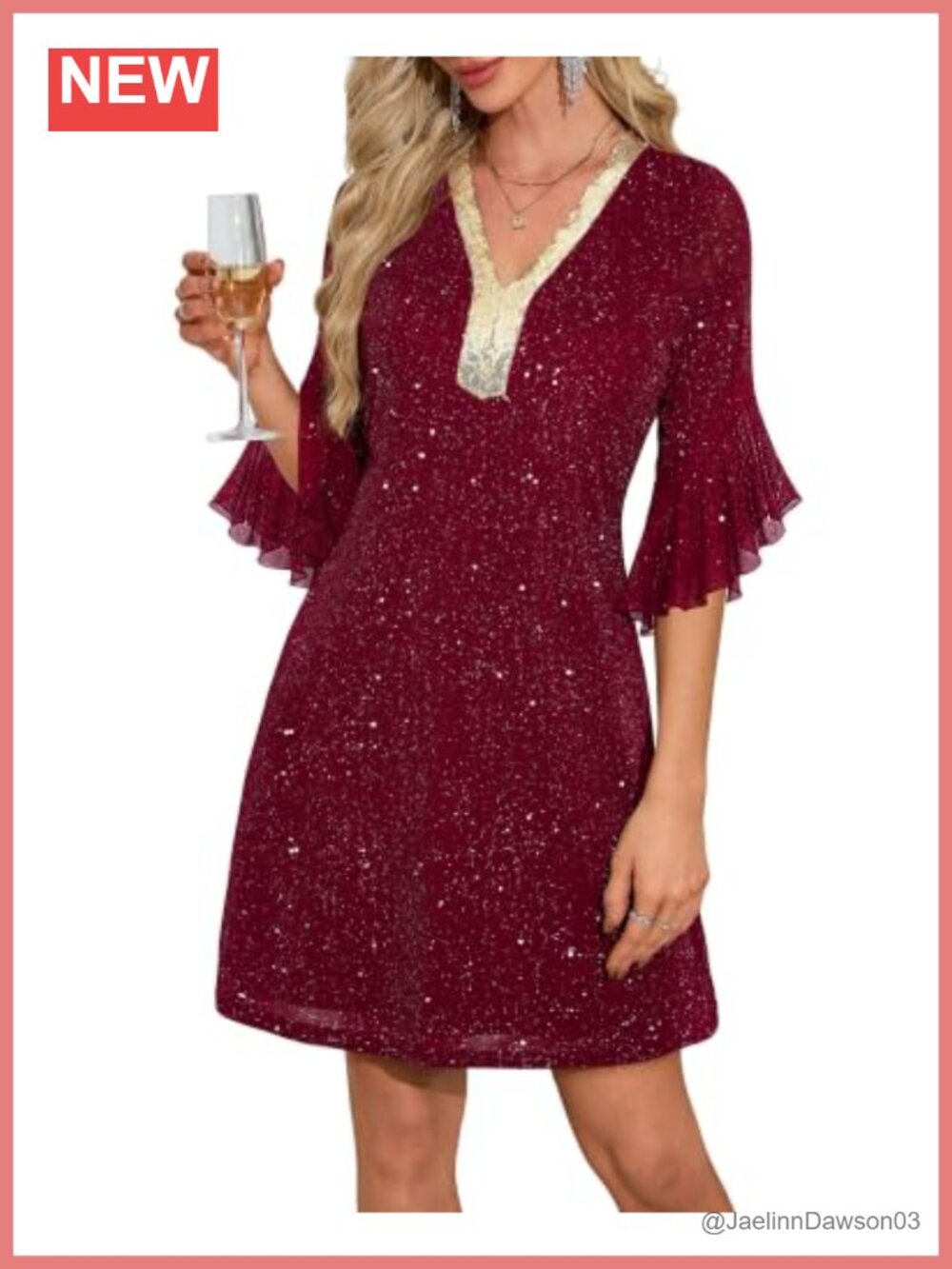 Sequin Cocktail Dress V Neck 3/4 Bell Sleeve A Line Party Wedding Guest